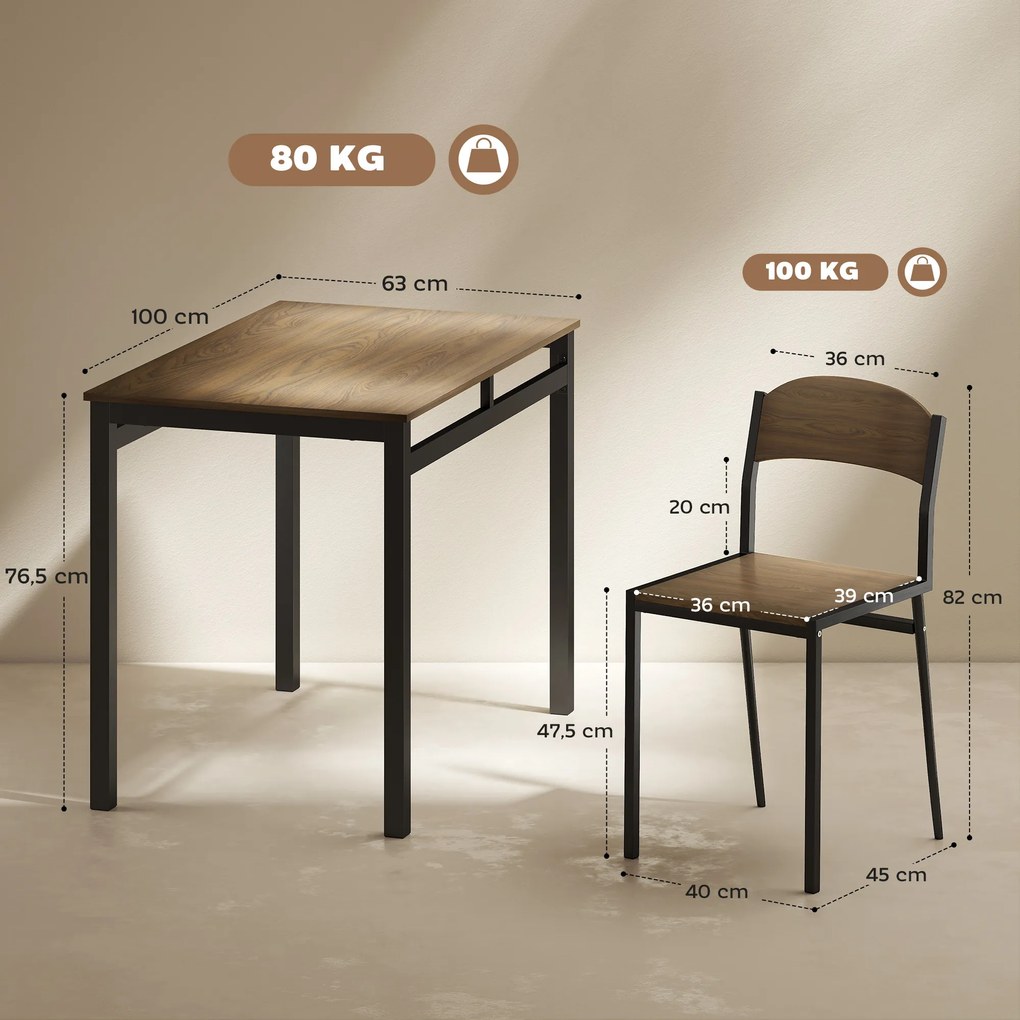 Conjunto de Mesa e Cadeiras de Refeição Mesa de Cozinha Retangular com 4 Cadeiras Estilo Moderno Castanho Escuro e Preto