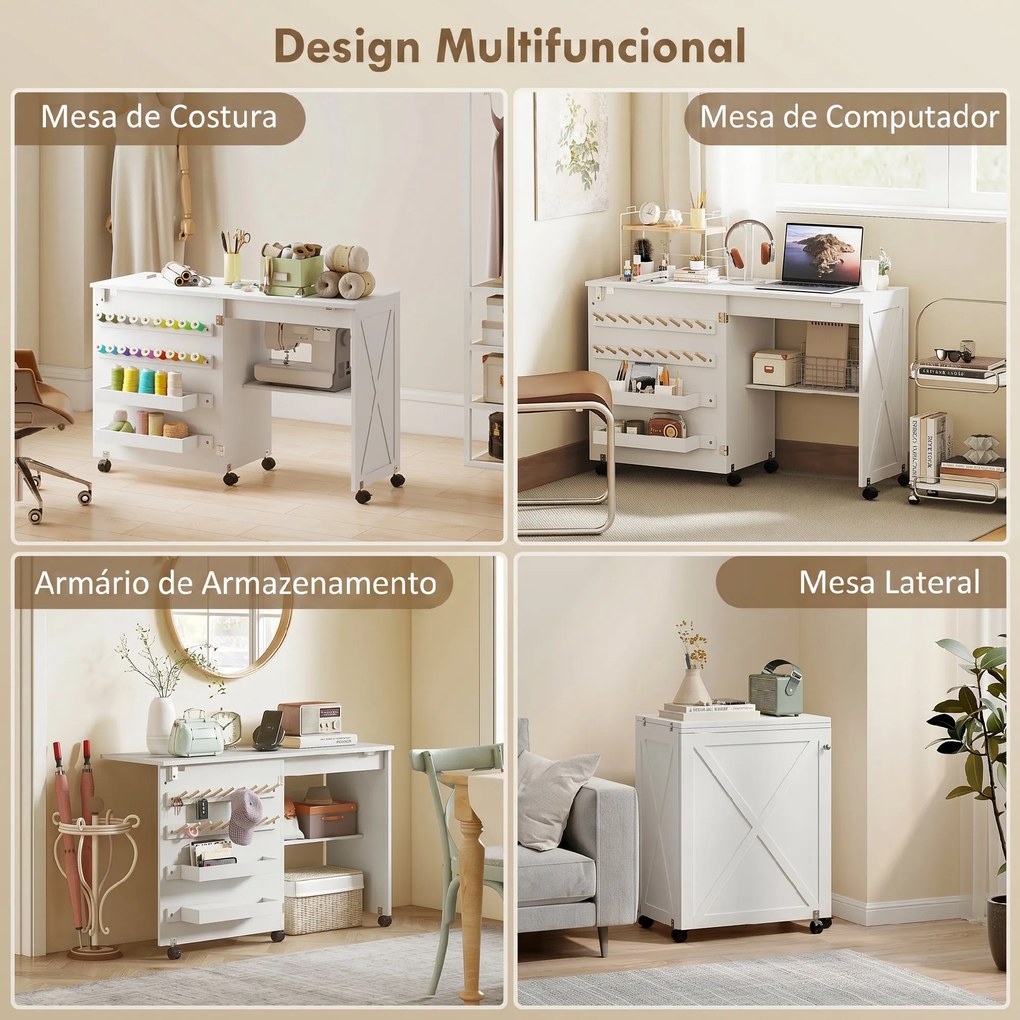 Mesa para Máquina de Costura Dobrável com Porta Magnética, 2 Compartimentos, Prateleira, 18 Suportes para Linhas, 5 Rodas, Branco