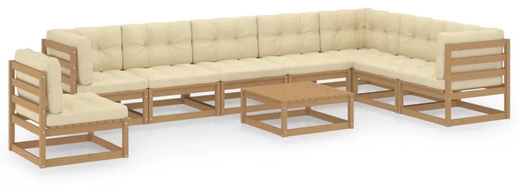 vidaXL 9 pcs conj. lounge ext. c/ almofadões pinho maciço castanho-mel
