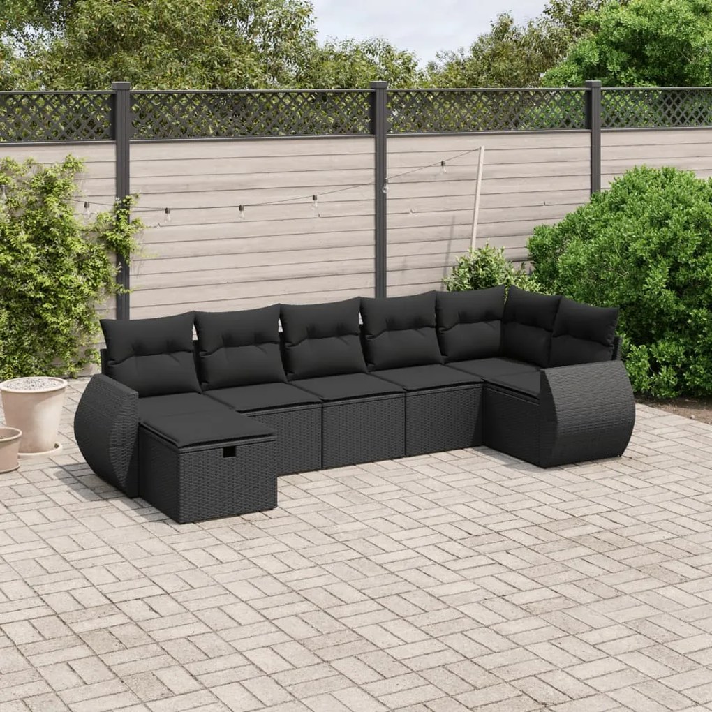 7 pcs conjunto de sofás p/ jardim c/ almofadões vime PE preto