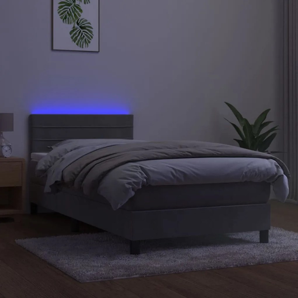 Cama box spring c/ colchão/LED 90x200 cm veludo cinzento-claro