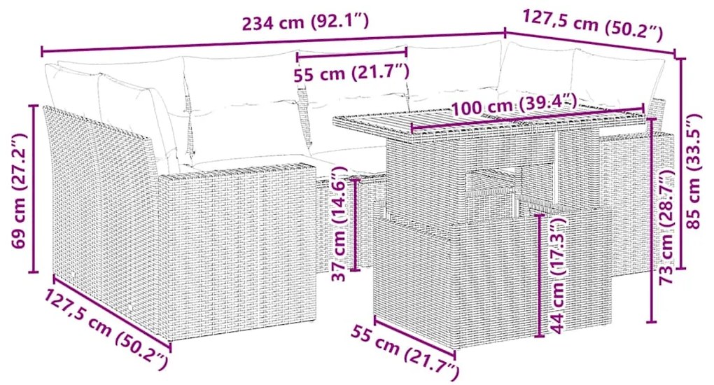 7 pcs conjunto de sofás p/ jardim com almofadões vime PE bege