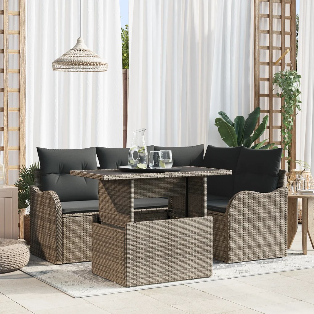 Conjunto de Sofá de Jardim vidaXL 5 Peças com Almofadas Cinzento Vime PE