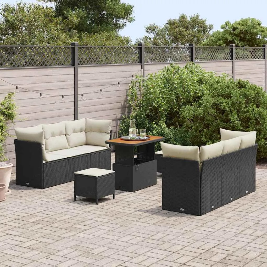 Conjunto de Sofás de Jardim de 9 Peças com Almofadas Preto Vime PE Acá