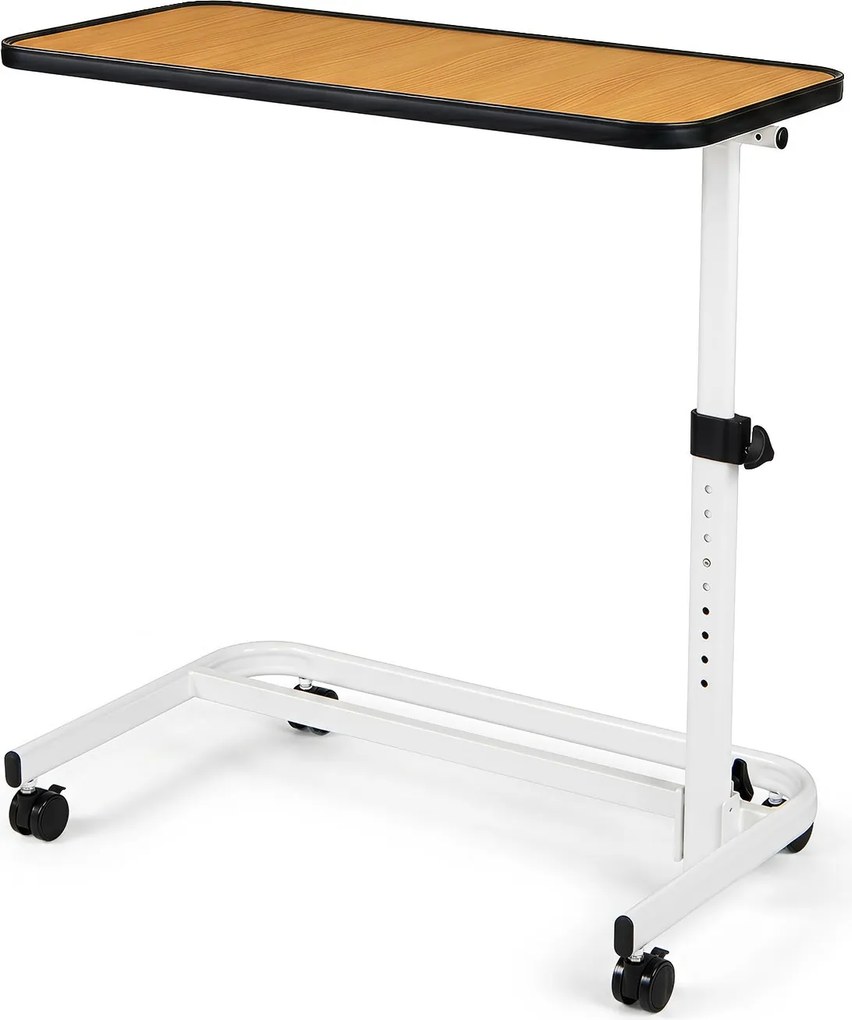 Mesa Auxiliar de Sofá em Forma de C, 80,5 x 40,5 x 73-94 cm, Altura Ajustável em 9 Níveis, Natural+Branco