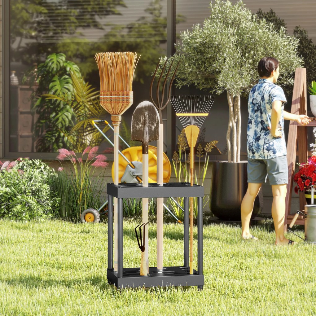 Organizador de ferramentas de jardim, suporte para ferramentas de jardim com 16 compartimentos em 2 níveis, 42 x 33 x 50 cm, preto