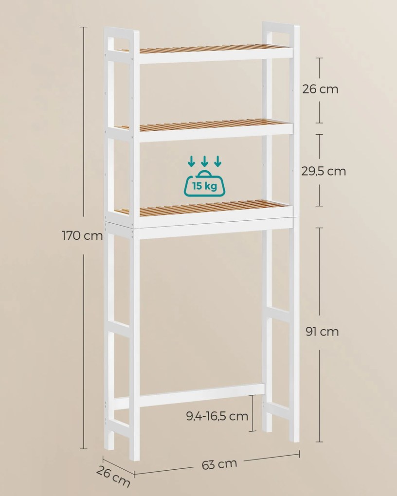 Estante de casa de banho 26 x 63 x 170 cm de 3 andares em bambu branco e cor natural