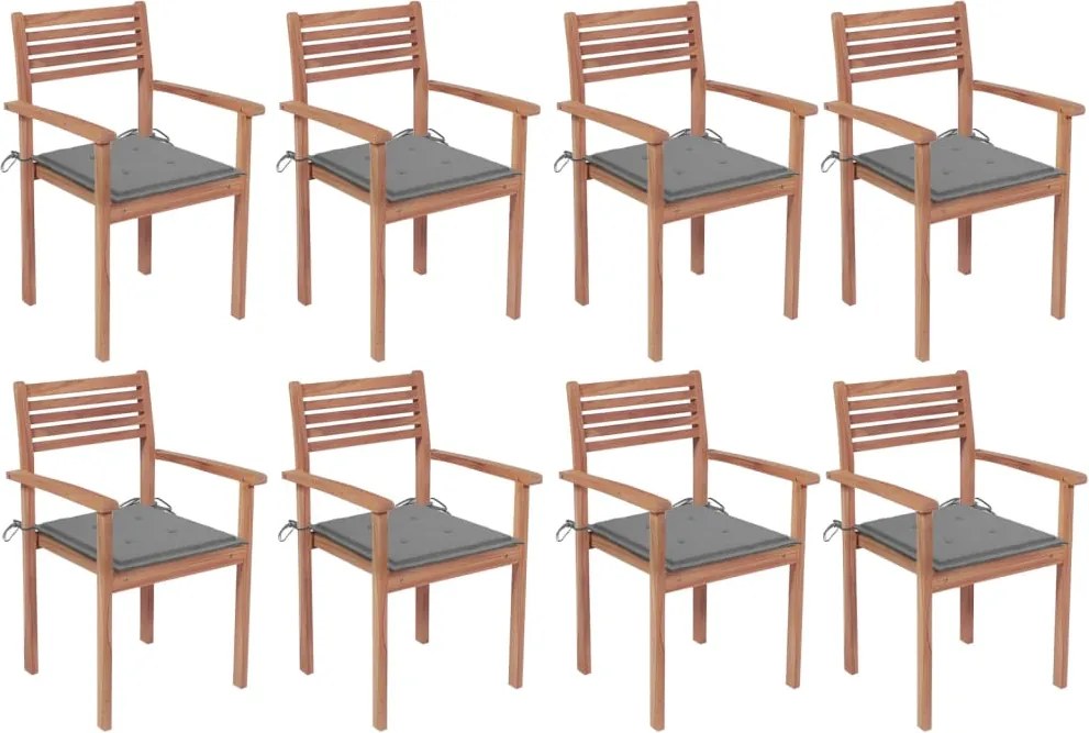 vidaXL Cadeiras de jardim empilháveis c/ almofadões 8 pcs teca maciça