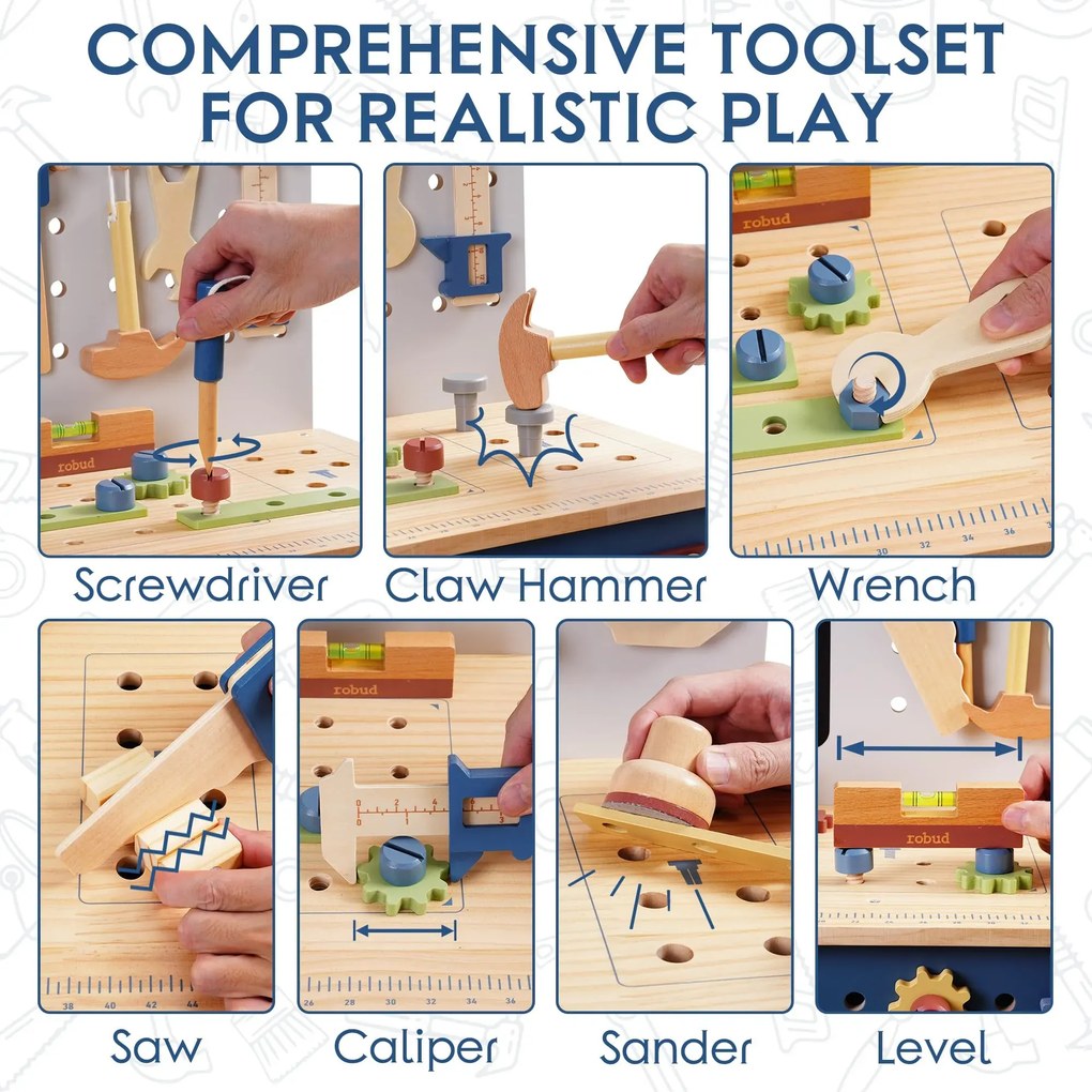 Bancada de Ferramentas de Brincar de Madeira com ferramentas 54 x 76 x 28 cm Azul Nebuloso