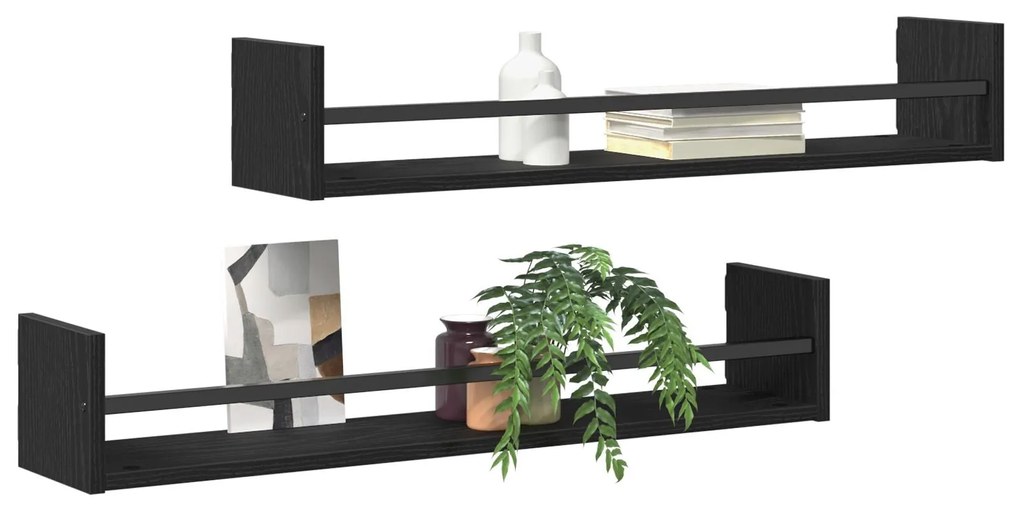 Prateleiras de parede 2 pcs Preto Carvalho 80x16x14 cm Madeira de enge