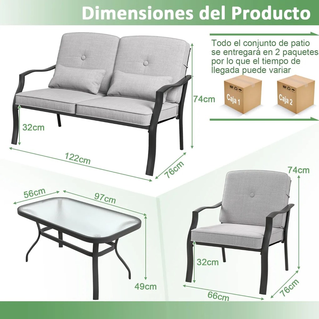 Conjunto de jardim de exterior 4 peças com 2 cadeiras individuais Cadeira de 2 lugares Mesa em vidro temperado Cinzento