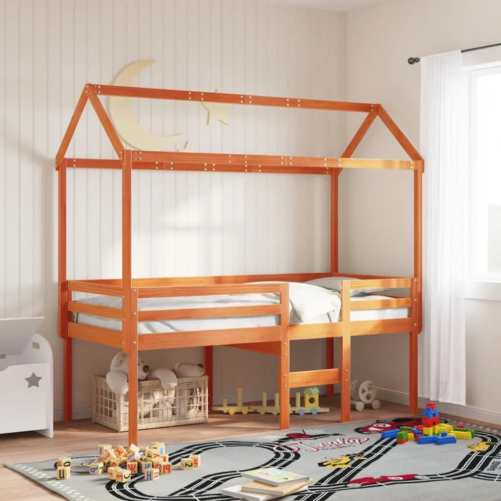 Telhado cama infantil 207x80,5x151,5 cm pinho castanho-mel