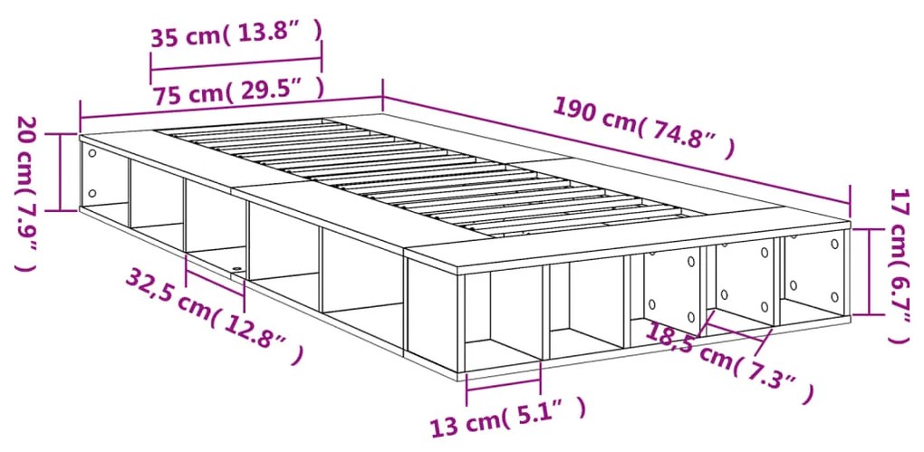 Estrutura cama 75x190 cm derivados de madeira cinzento sonoma