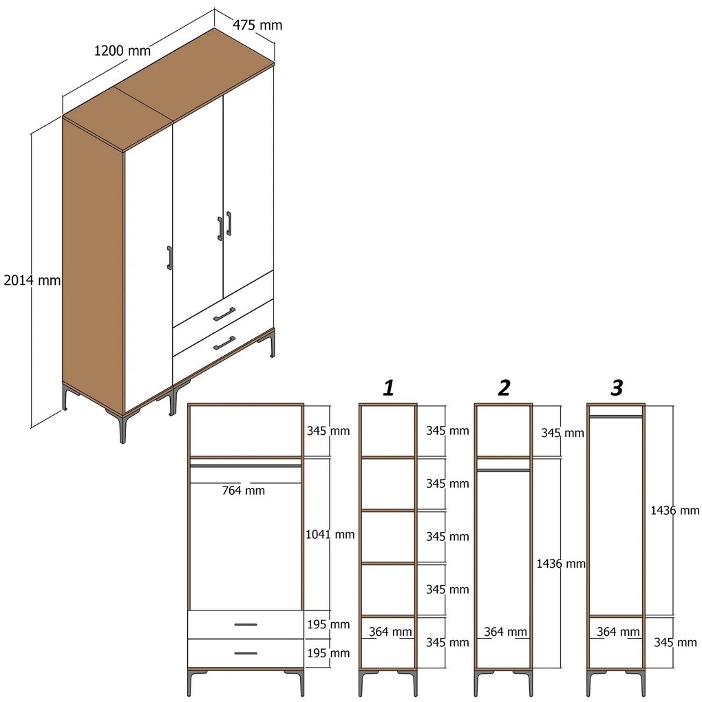 Roupeiro Kumsal PT – Nogueira e Creme – 120x47,5x201,4 cm