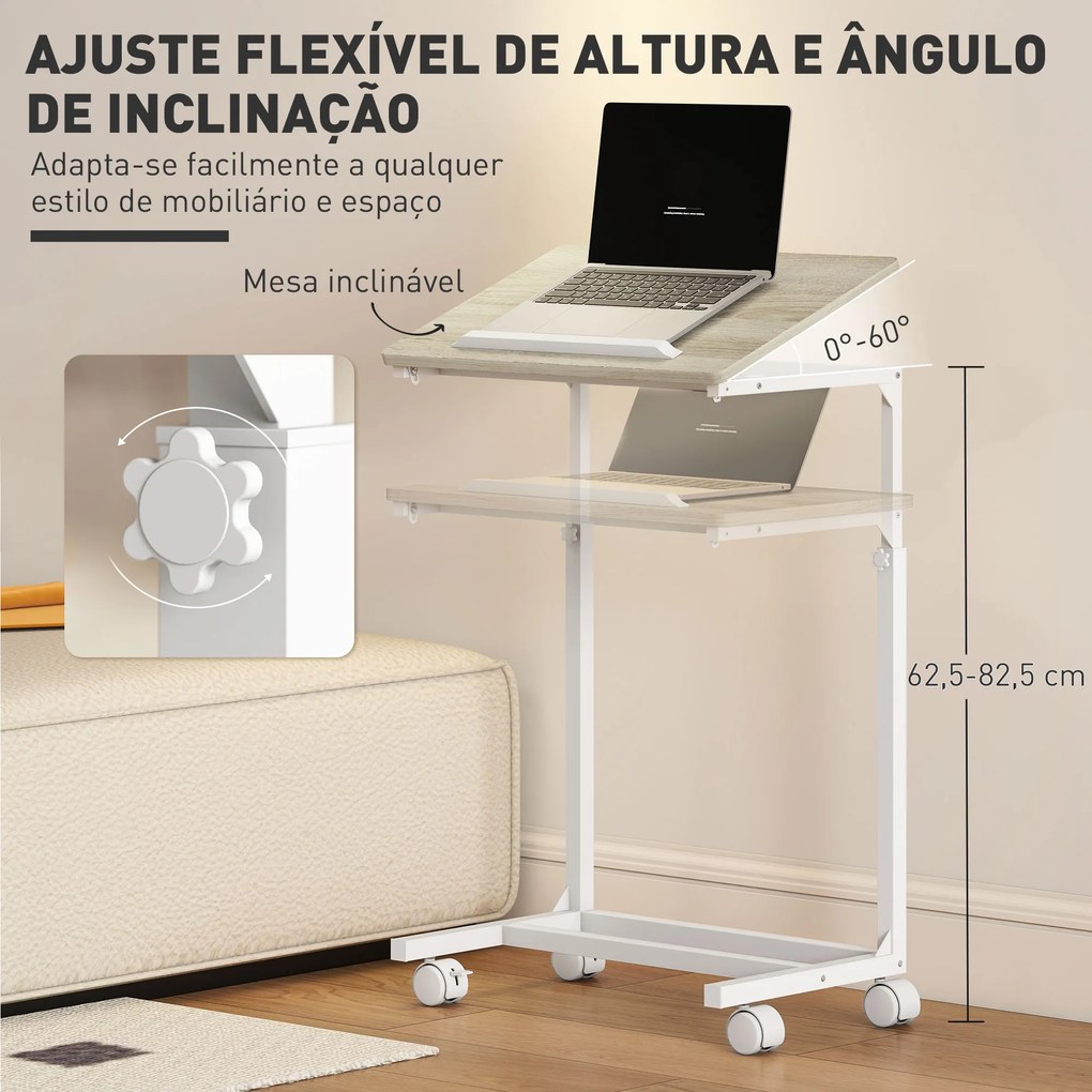 Mesa Auxiliar com Rodas Altura Ajustável Superfície Inclinável e Estrutura de Metal 55x36x62,5-82,5 cm Madeira