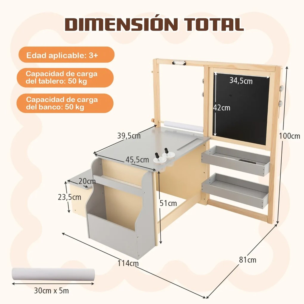 Conjunto de mesa e banco para crianças com cavalete ajustável de dupla face Quadro de giz magnético e rolos de papel substituíveis Cinzento