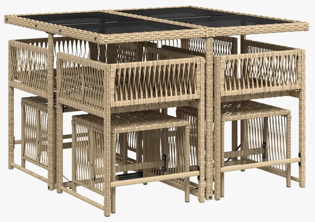 9 pcs conjunto de jantar p/ jardim com almofadões vime PE bege