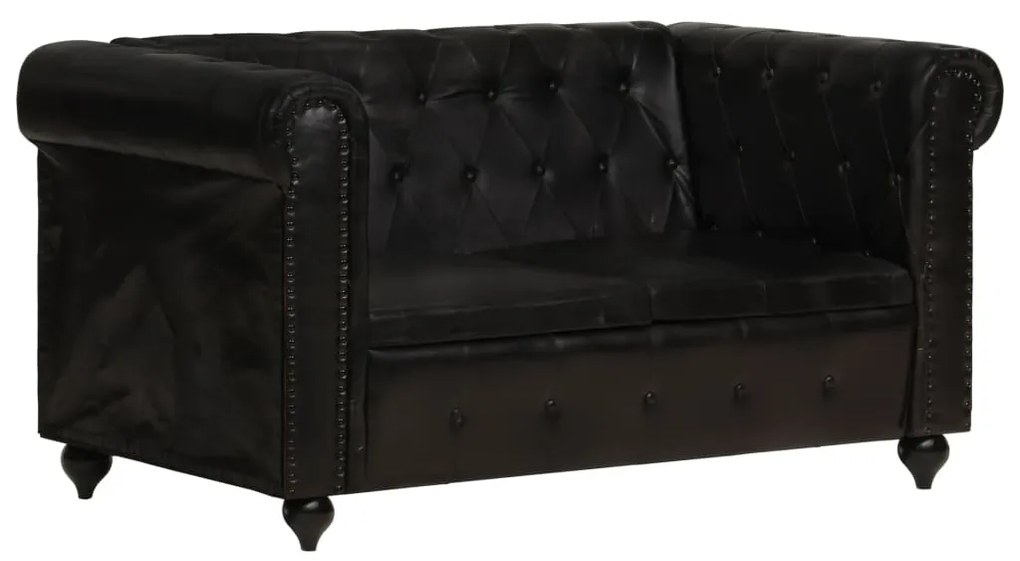 Sofá chesterfield de 2 lugares em couro genuíno preto