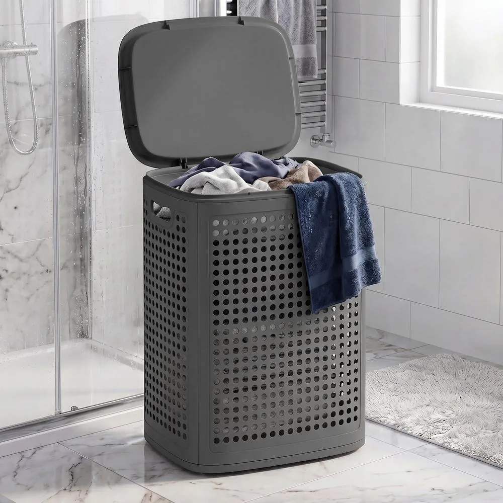 Cesto de roupa suja em plástico, cesto de 75 L, 42,5 x 33 x 57 cm cinzento escuro