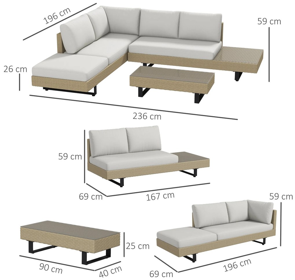 Conjunto de Móveis de Vime 3 Peças Mesa de Centro Sofá Duplo e Sofá de