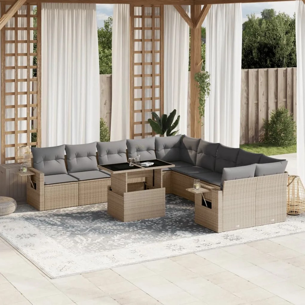 11 pcs conjunto sofás de jardim c/ almofadões vime PE bege