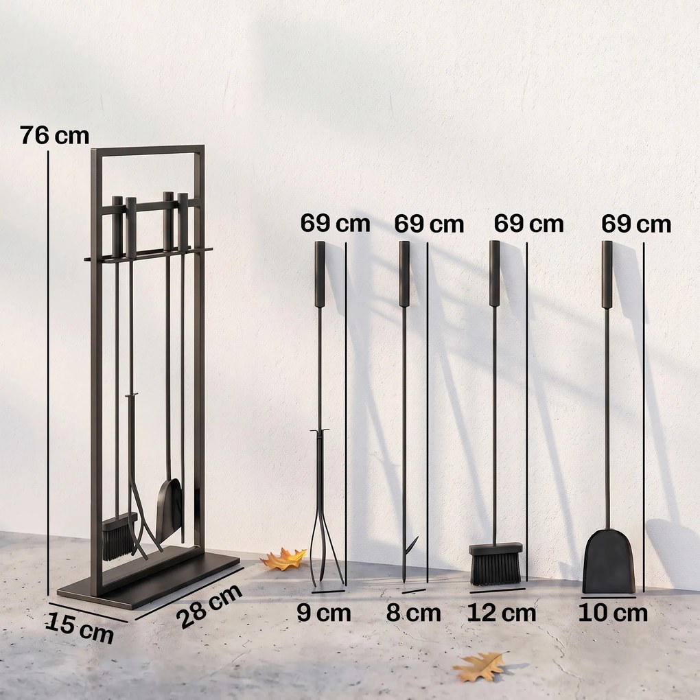 Conjunto de Utensílios para Lareira de 5 Peças em Metal com Escova Pá Atiçador Pinça e Suporte Preto