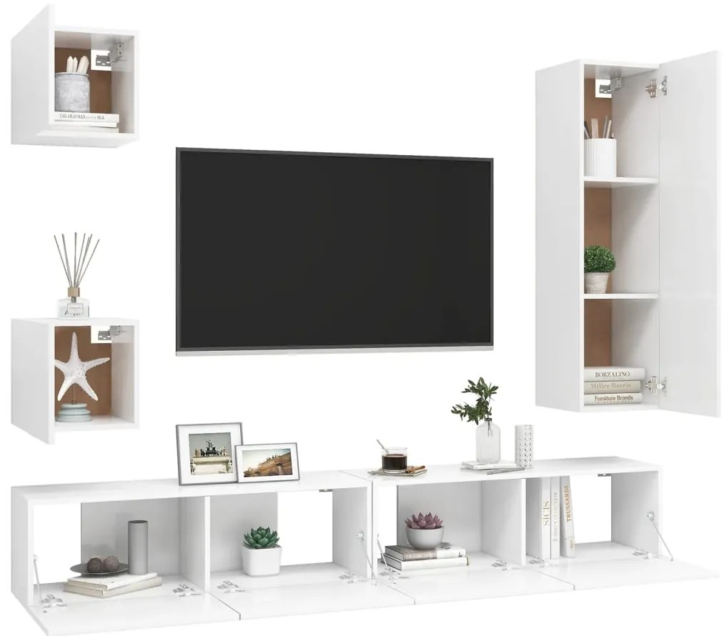5 pcs conjunto de móveis de TV derivados de madeira branco