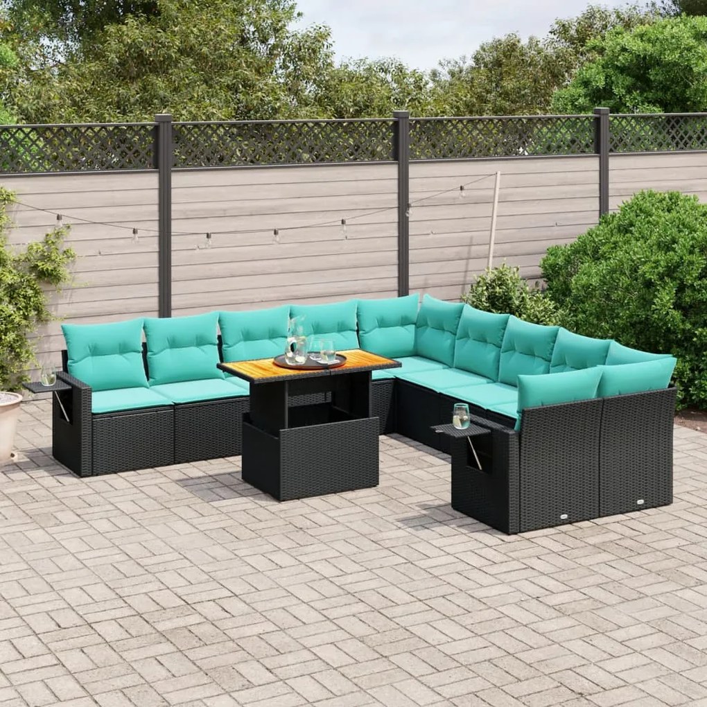 vidaXL 11 pcs conjunto sofás de jardim c/ almofadões vime PE preto