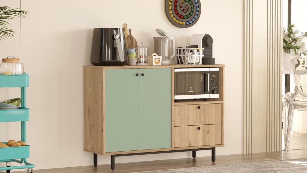 Aparador de cozinha "Toledo" - Carvalho e Verde - 120x85x35.5cm - Desi