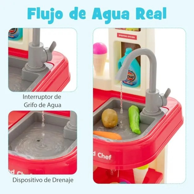 Cozinha para crianças a partir dos 3 anos com 65 acessórios , luzes e sons realistas para crianças 45 x 26 x 79 cm Rosa