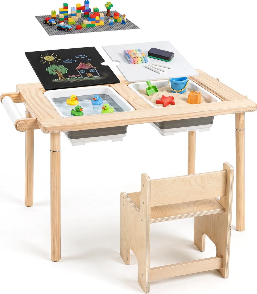 Conjunto de Mesa de Atividades Infantil com Cadeira, 86 x 55 x 51 cm, Multifuncional 6 em 1, Natural