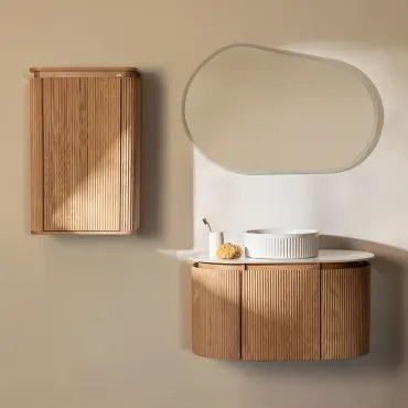 Conjunto De Móvel De Casa De Banho Suspenso 90x50 Cm Em Madeira Carsone Madeira Natural & Madeira Natural & Cerâmica Redonda Riscas - Sklum