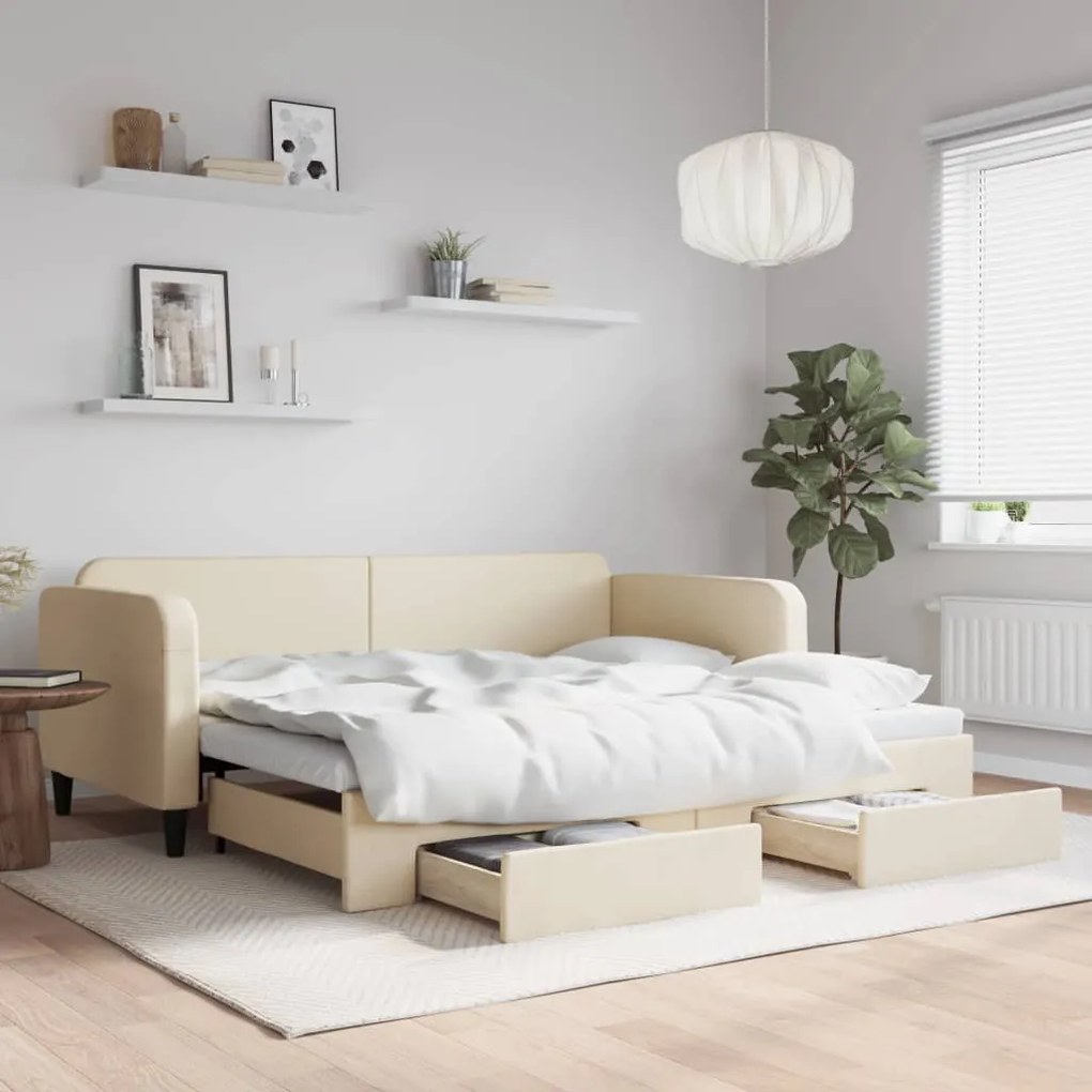 Sofá-cama com gavetão e gavetas 90x200 cm tecido cor creme