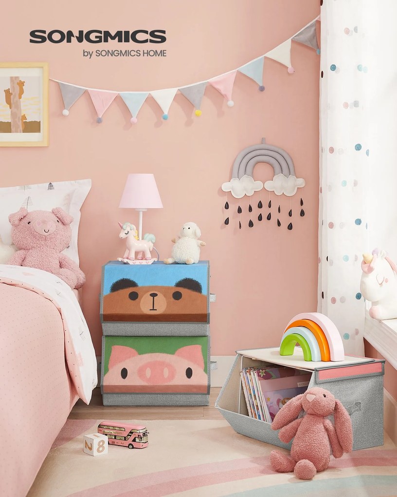 Conjunto de 3 caixas de arrumação 38 x 35 x 75 cm com desenhos de panda, urso e porco
