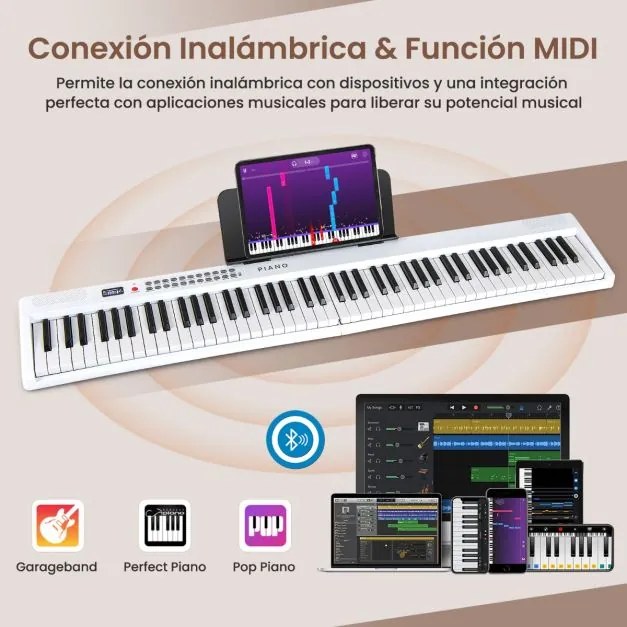Teclado de piano elétrico dobrável com 88 teclas, tamanho normal, semi-pesado e portátil com MIDI 128 x 23 x 6 cm Branco