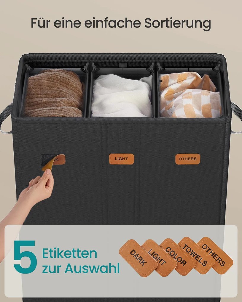 Cesto para roupa suja com três compartimentos (160 L) 64 x 33 x 75 cm Preto