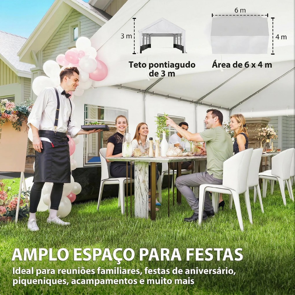 Tenda para Festas 4x6 m, Tenda de Jardim com Paredes Removíveis, 2 Portas e Janelas UPF30+ para Casamentos, Cinzento e Branco