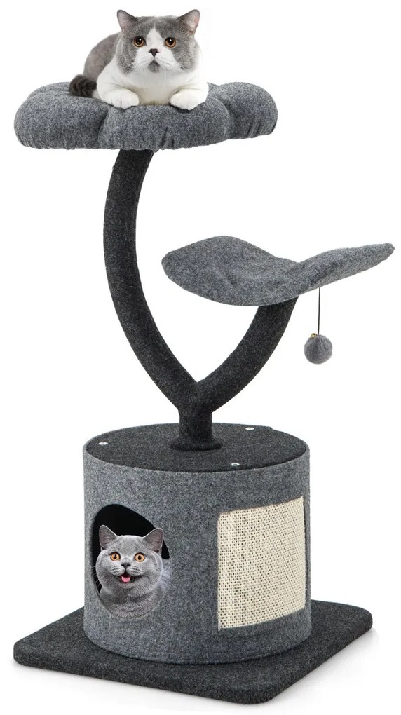 Árvore para gatos com altura de 88 cm com estrutura de suporte de metal Placa para arranhar de sisal e 2 plataformas de 3 camadas 44 x 44 x 88 cm cinz