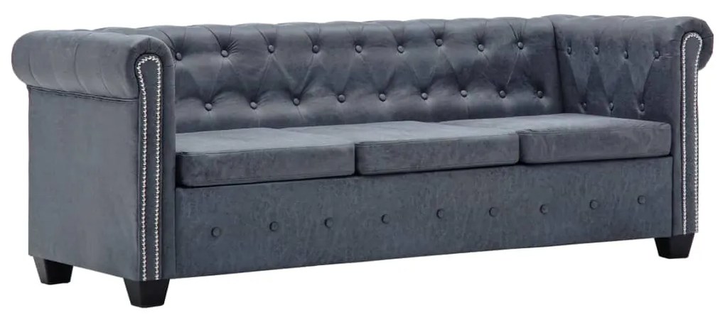 vidaXL Sofá Chesterfield 3 lugares camurça artificial cinzento