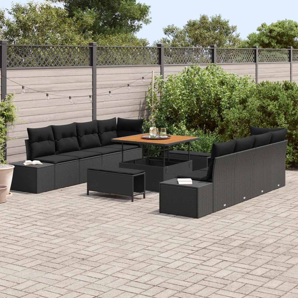 Conjunto de Sofá de Jardim vidaXL de 11 Peças com Almofadas Preto Ratt