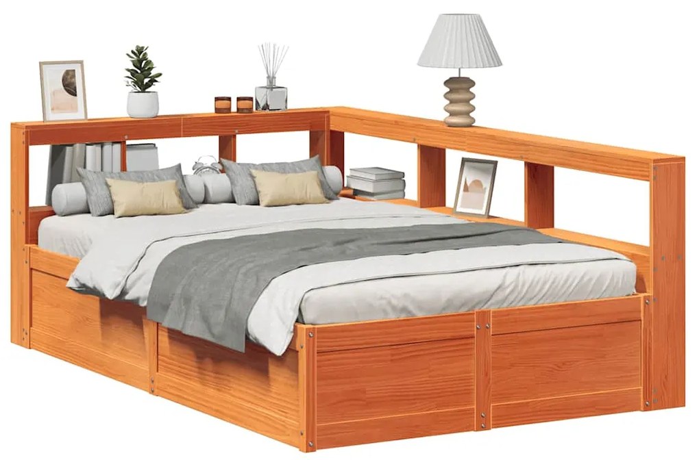 vidaXL Cama com estante sem colchão 140x190 cm pinho maciço