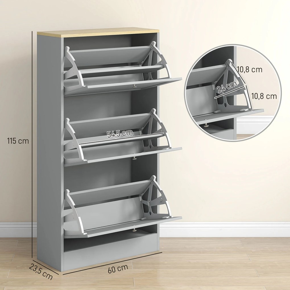 Sapateira com capacidade para 18 pares, com 3 gavetas rebatíveis e prateleiras ajustáveis, 60 x 23,5 x 115 cm, cinzento