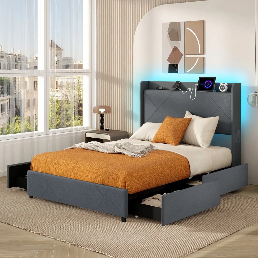 Estrutura de cama 223 x 167 x 122 cm com ripas COLCHÃO NÃO INCLUIDO com LUZ LED com estação de carregamento USB 4 gavetas dobráveis Comando remoto Cin