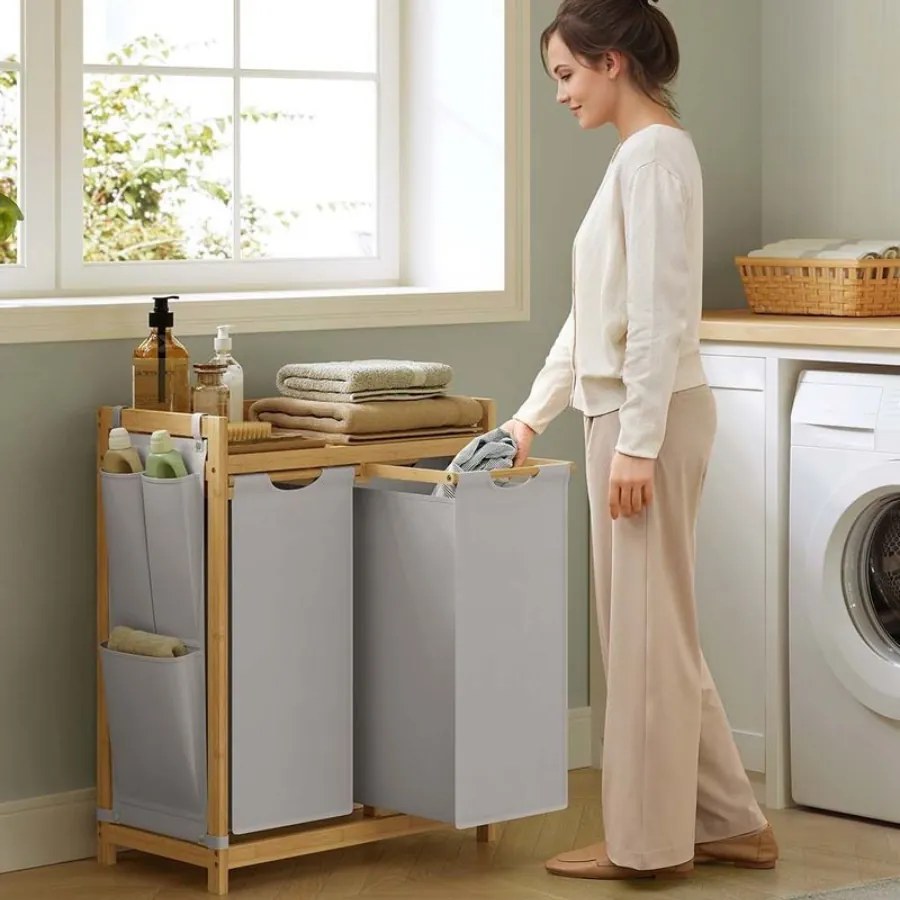 Cesto da roupa suja com 2 compartimentos 63 x 33 x 78 cm Cinzento