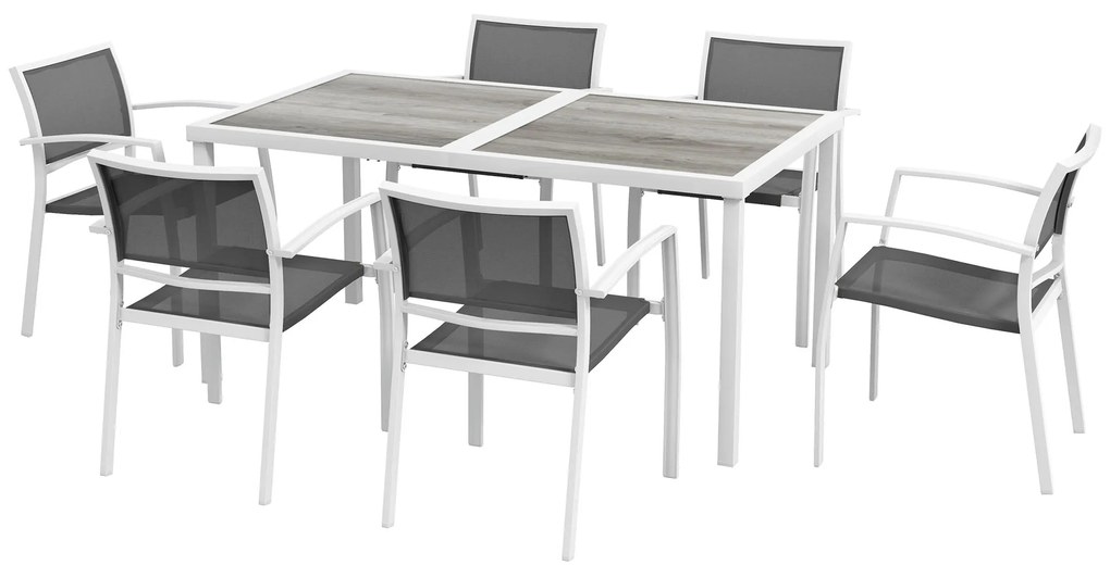Outsunny Conjunto de Refeição de Jardim de 7 Peças com 1 Mesa e 6 Cadeiras Empilháveis Estilo Moderno Branco e Cinza