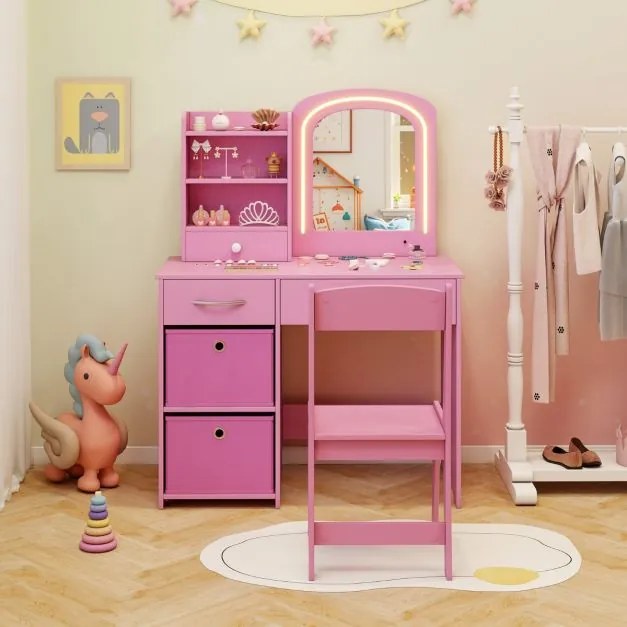 Toucador infantil com espelho iluminado e cadeira de princesa com luzes Estantes e gavetas crianças rosa