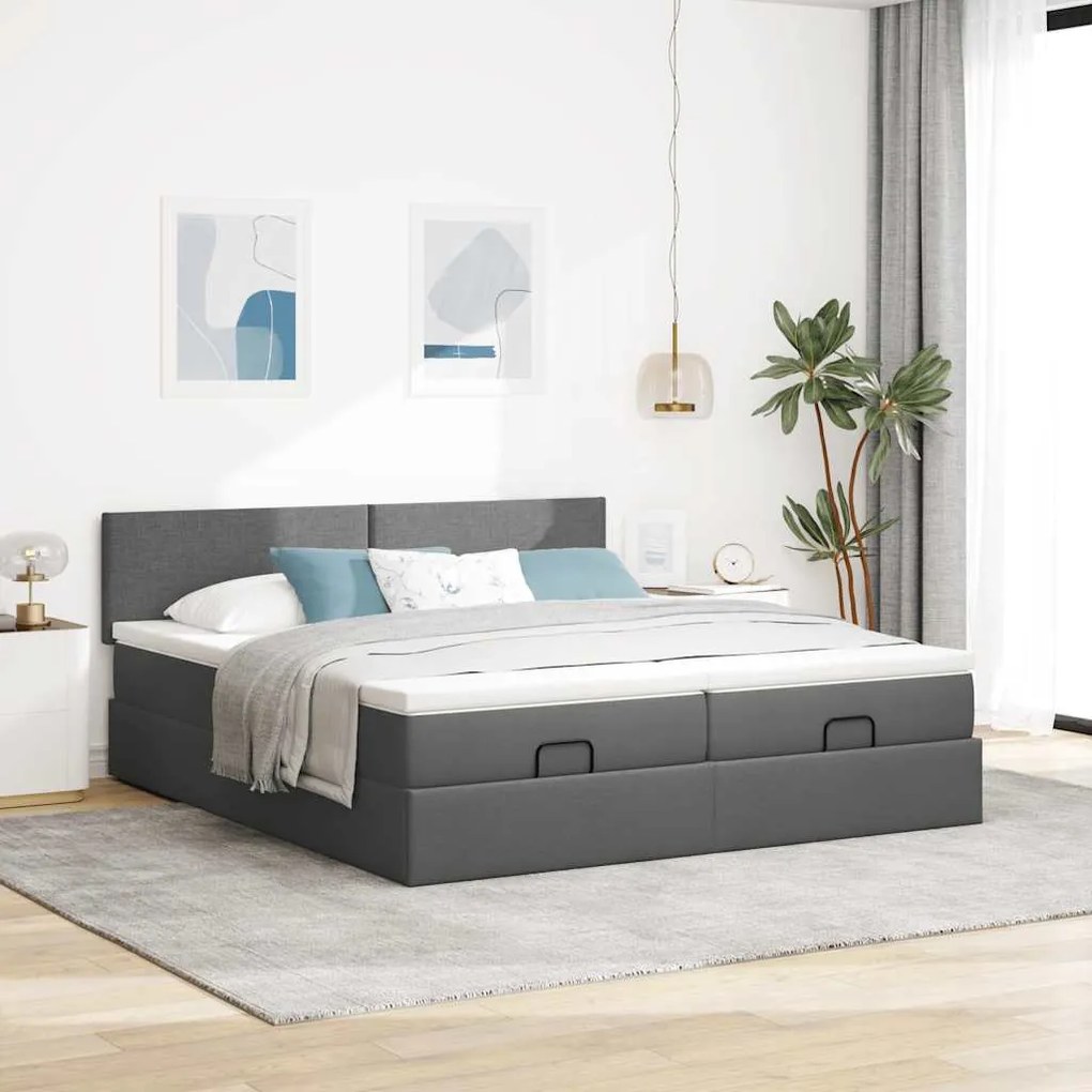 Estrutura de cama otomana com colchões tecido cinzento escuro