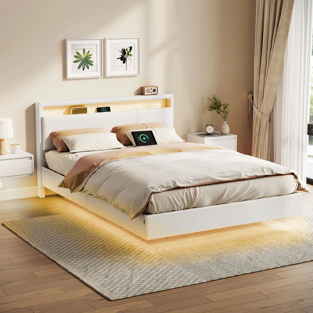 Estrutura de cama 140 x 200 cm com iluminação LED e 3 portas USB e 1 porta tipo C Branca
