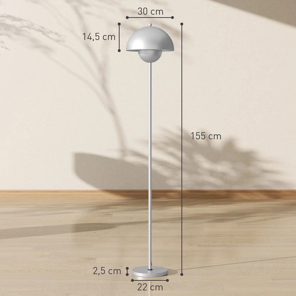 Candeeiro de Pé Moderno com Ecrã em Forma de Taça Refletora de Luz Interruptor de Pé Suporte E27 sem Lâmpada Ø35x155 cm Prata