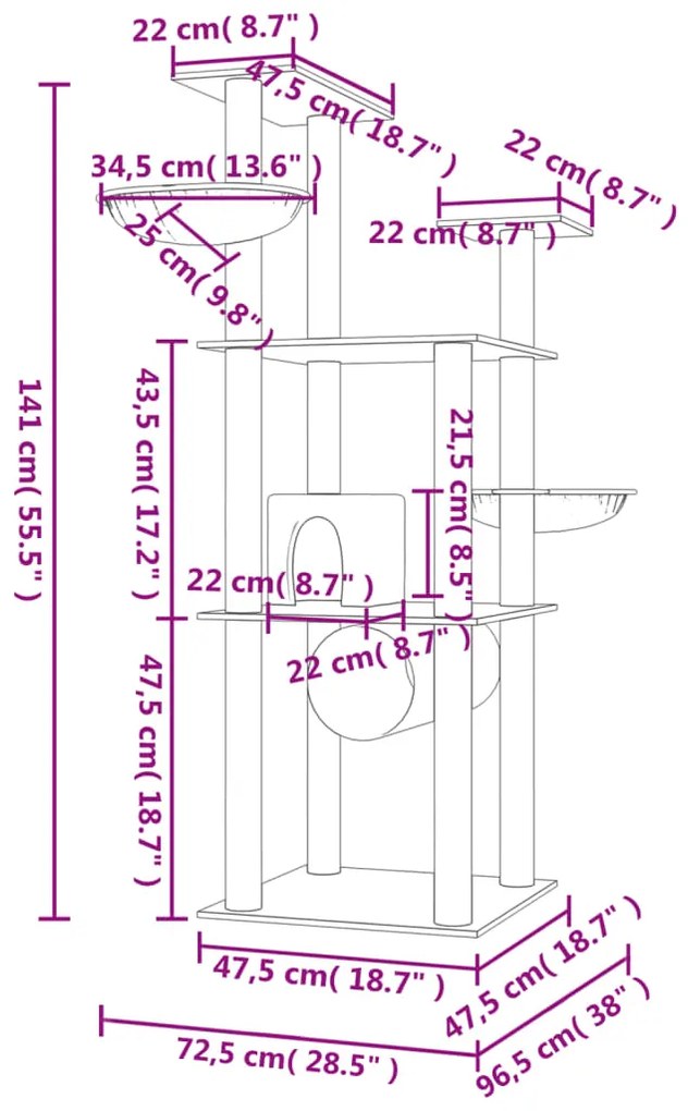 Árvore para gatos c/ postes arranhadores sisal 141 cm cor creme